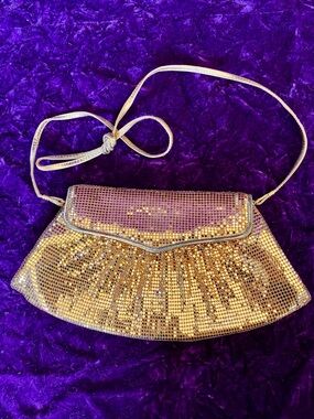Vintage Whiting & Davis Gold Mesh Crossbody Evening Bag Clutch 1970s Disco